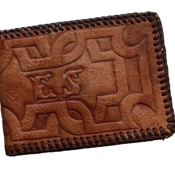Vtg 70s Leather Wallet Handcrafted Embossed Bonded Laced Edges Monogram E.W. - Picture 1 of 5